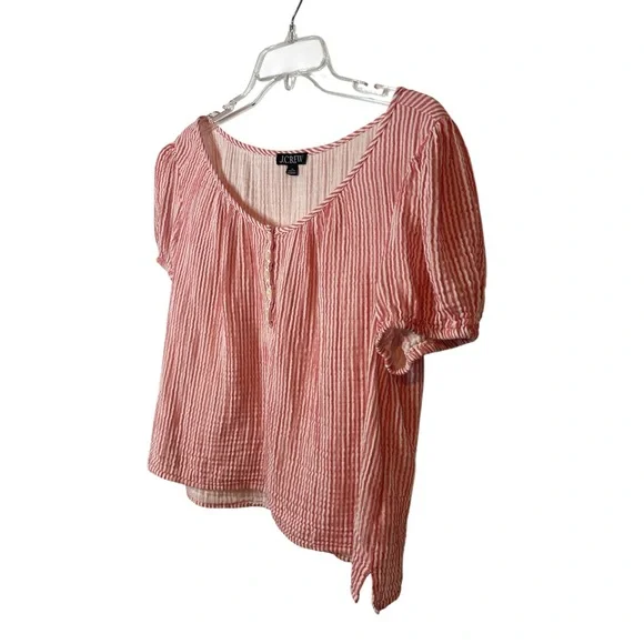 J Crew Puff Sleeve Henley Top Striped Gauze Cotton Red/White Sz M Like New - Picture 5 of 8